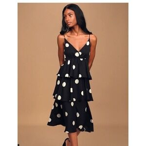 o.p.t Women's XS Cava Black and White Polka Dot Tiered Midi Dress